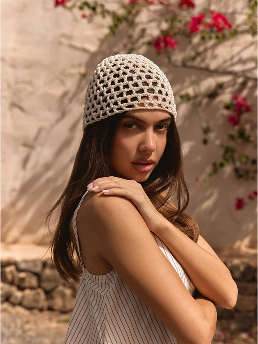 PrettyLittleThing Cream Sequin Crochet Net Beanie Hat